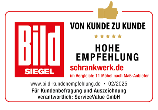 Mehr Infos unter schrankwerk.de/auszeichnungen - Bild Siegel, Von Kunde zu Kunde, 5 Sterne von 5 Sternen, Hohe Empfehlung, schrankwerk.de, im Vergleich: 11 Möbel nach Maß-Anbieter, www.bild-kundenempfehlung.de, 02/2025, Für Kundenbefragung und Auszeichnung verantwortlich: ServiceValue GmbH