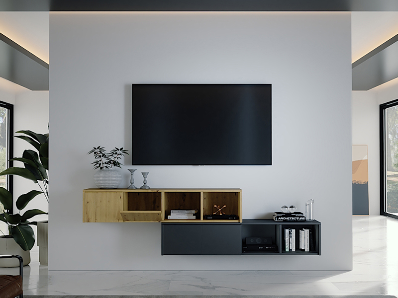 TV Hängeboard mit Klappe als moderne Lösung im Wohnzimmer