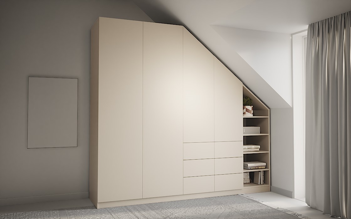Schrank für Schräge rechts mit Schwebetüren – frei konfigurierbar