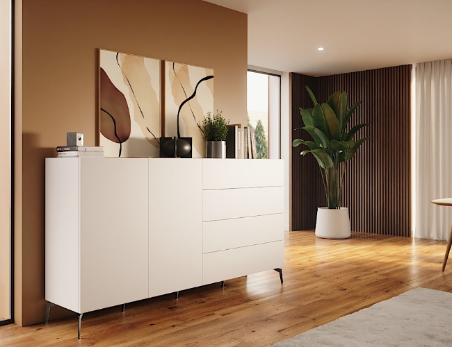 Sideboard in weiß mit schwarzen Design-Füßen in einem Raumsznario
