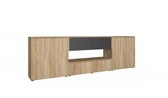 TV Board Max im Dekor Sonoma Eiche (Nachbildung) und Graphit mit großzügigem und offenen Fach. Seitlich schräge Ansicht.