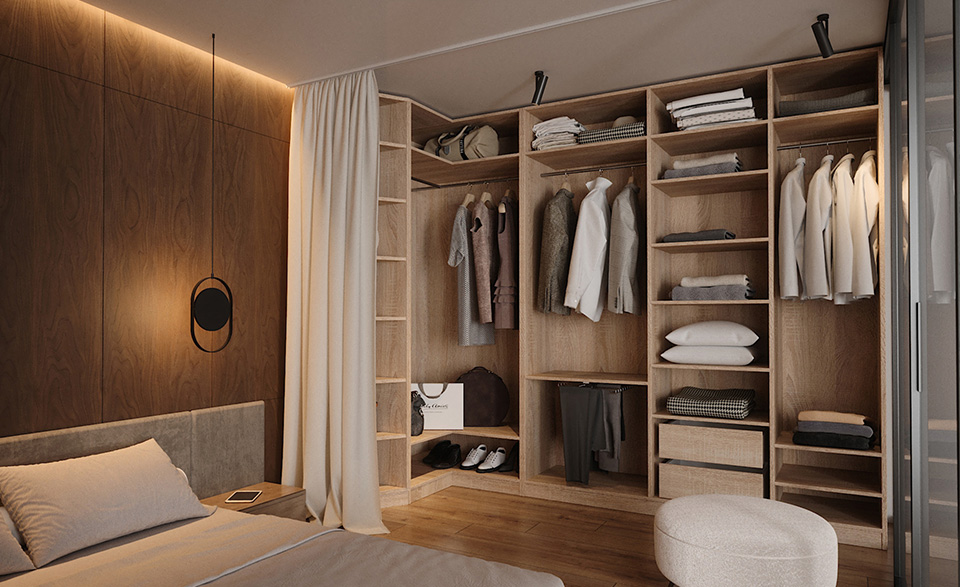 Eckregal Christina im Dekor Sonoma Eiche mit Abschlusselement links in einem Schlafzimmer-Raumszenario