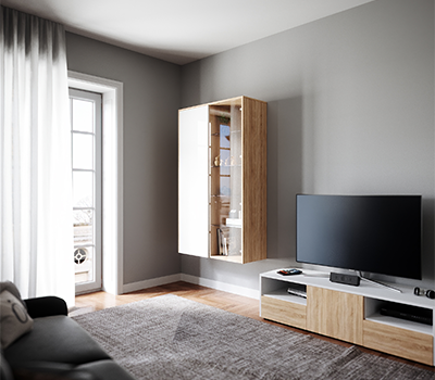 Hängeschrank mit Glastüren und TV Lowboard im Wohnzimmer