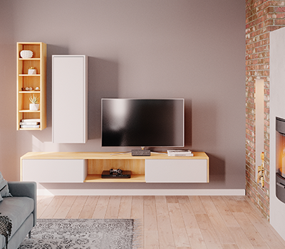  TV Wohnwand im Wohnzimmer mit Hängeboard und Hängeschrank