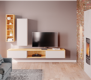 TV Wohnwand im Wohnzimmer mit Hängeboard und Hängeschrank