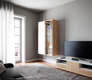 Hängeschrank mit Glastüren und TV Lowboard im Wohnzimmer