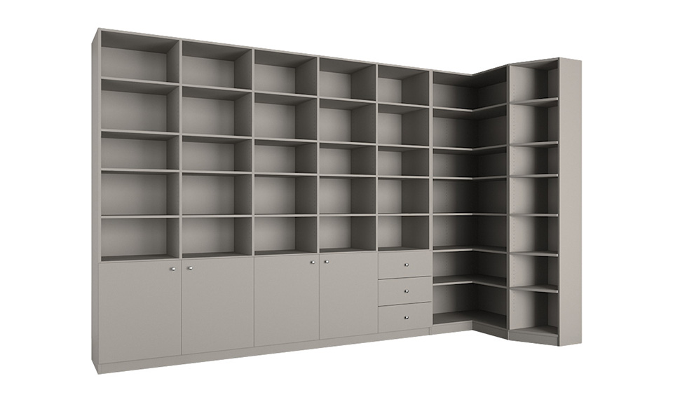 Eckregal Bettina im Dekor Hellgrau mit Abschlusselement rechts als Freisteller