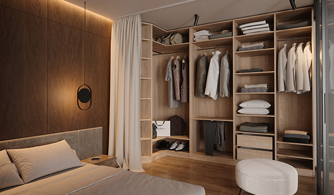 Eckregal Christina im Dekor Sonoma Eiche mit Abschlusselement links in einem Schlafzimmer-Raumszenario