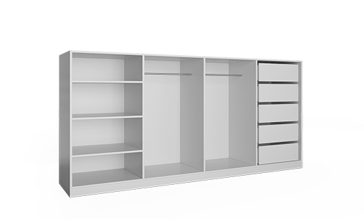 Niedriges offenes Board mit Schubladen, Kleiderstangen und Einlegeböden