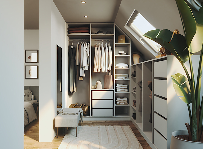 Schmales Ankleidezimmer mit Schrägen neben dem Schlafzimmer
