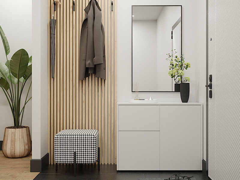 Gestalte einen modernen Eingangsbereich mit einem Sideboard und Spiegel nach Maß.