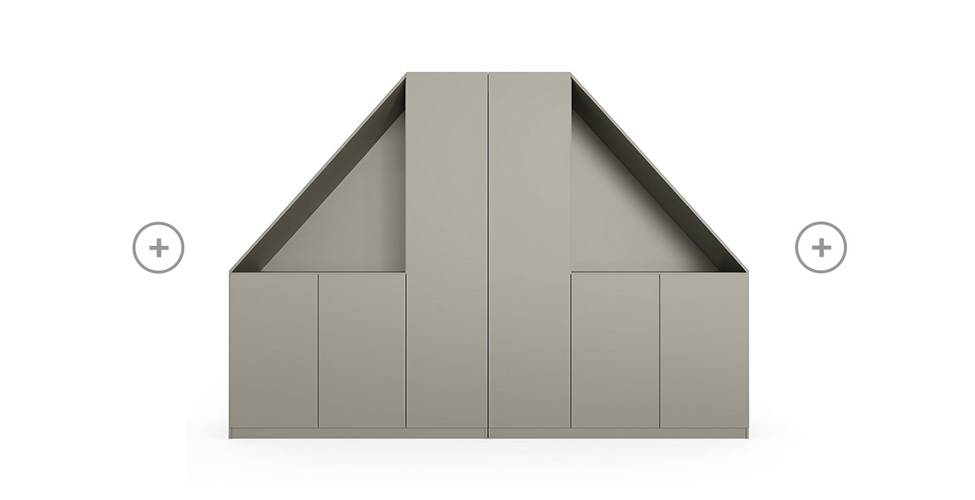 Dachschrägenschrankset-Konfigurator als Freisteller-Basis-Modell mit Pluszeichen links, rechts und oben um zu suggerieren, dass weitere Modelle hinzugefügt werden können