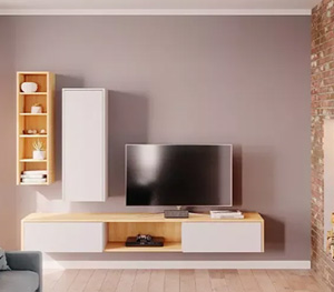 TV Wohnwand im Wohnzimmer mit Hängeboard und Hängeschrank