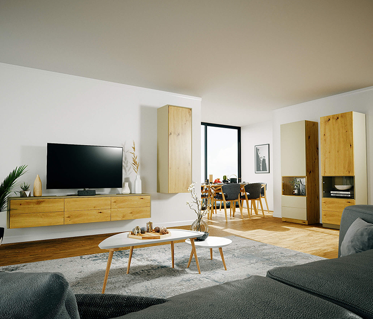 Möbelserie im Wohnzimmer mit Hängelösungen und Highboards 