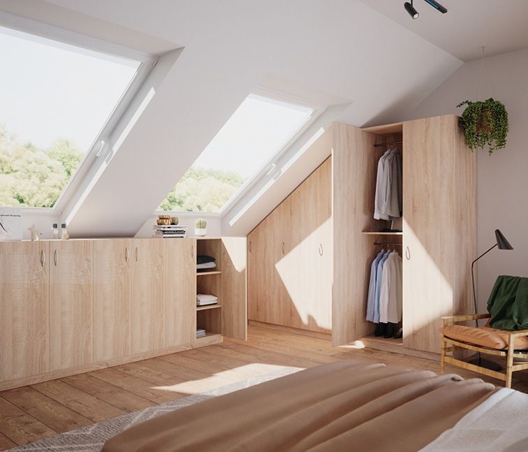 Schrank und Kommode unter der Dachschräge im Schlafzimmer im Dekor Eiche