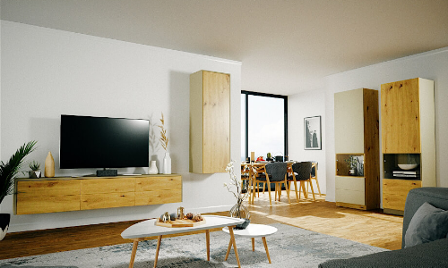 Möbelserie im Wohnzimmer mit Hängelösungen und Highboards 