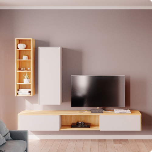TV Wohnwand im Wohnzimmer mit Hängeboard und Hängeschrank 