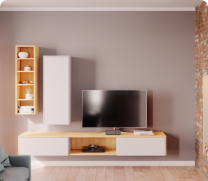 TV Wohnwand im Wohnzimmer mit Hängeboard und Hängeschrank 