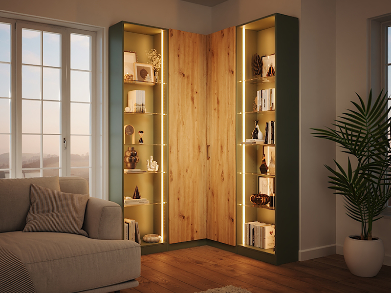 Eckregal mit LED Beleuchtung im Wohnzimmer mit Glaselementen und Holzfronten, Dekor Salbei