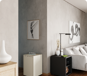 Zwei Beistellmöbel im Dekor weiß und graphit im Wohnzimmer