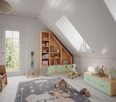 Kinderzimmer Regal mit Dachschräge der Möbelserie Bari