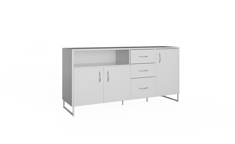 Schuhschrank Margot im Dekor Weiß hochglanz mit 6 geschlossenen Fronten und einer offenen Ablage als Freisteller in seitlich schräger Ansicht