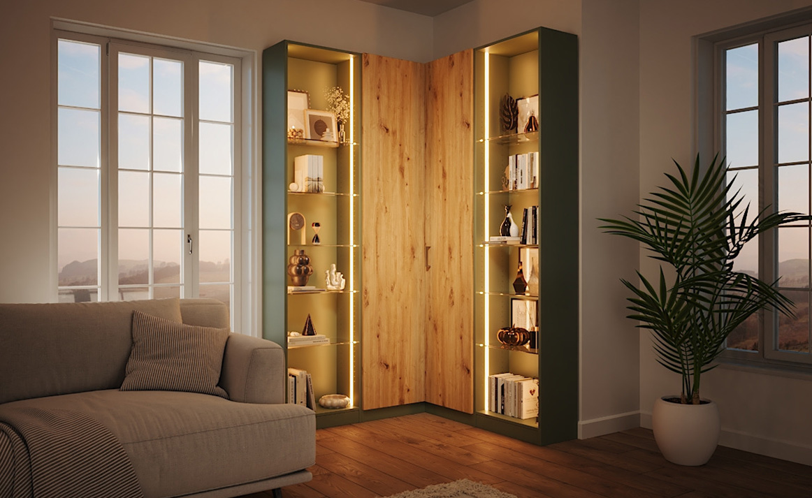 Eckschrank Markus im Dekor Korpus Salbei, Front Eiche Country und Beleuchtung