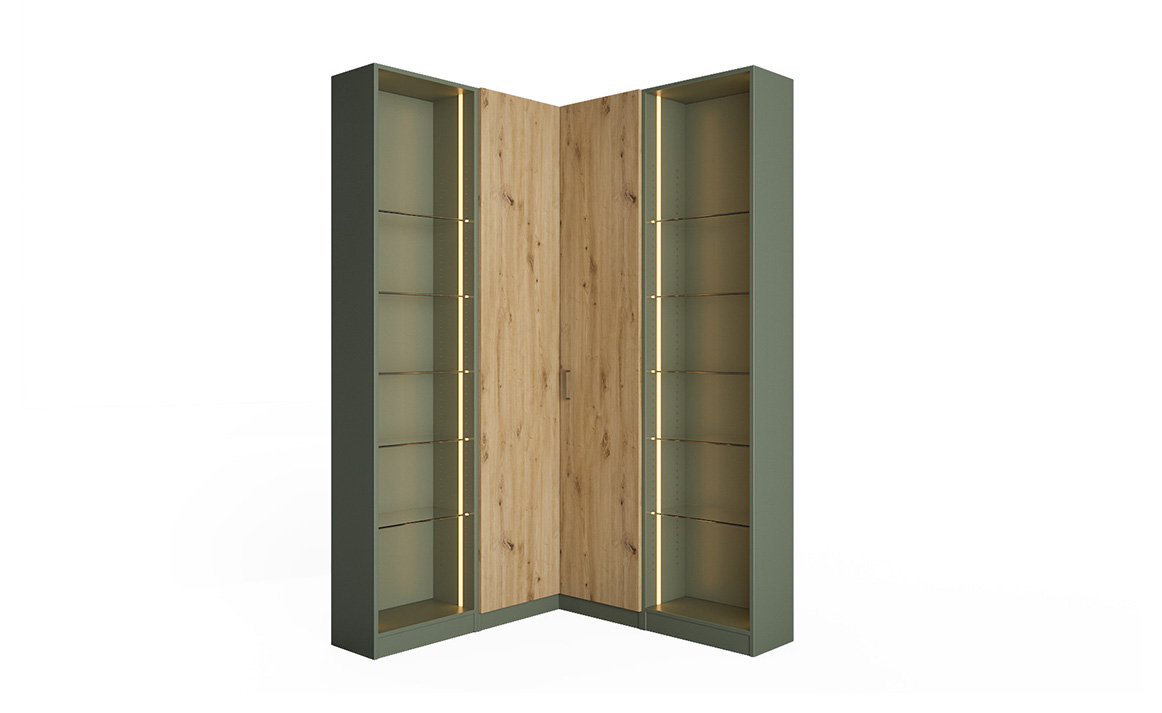 Eckschrank Markus im Dekor Korpus Salbei und Front in Eiche Country mit Beleuchtung als Freisteller