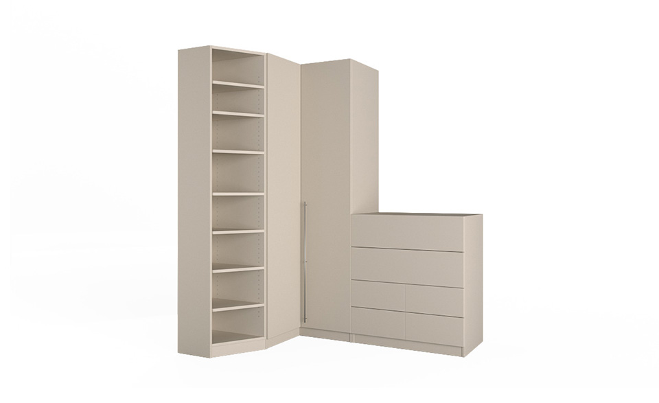 Eckschrank Nikolas im Dekor Hellgrau als Set-Konfiguration mit Abschlusselement links und Kommode rechts als Freisteller