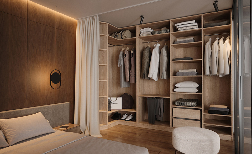 Eckregal Christina im Dekor Sonoma Eiche mit Abschlusselement links in einem Schlafzimmer-Szenario