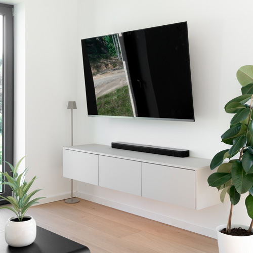 Modernes Wohnzimmer mit TV, Lowboard und Pflanzen