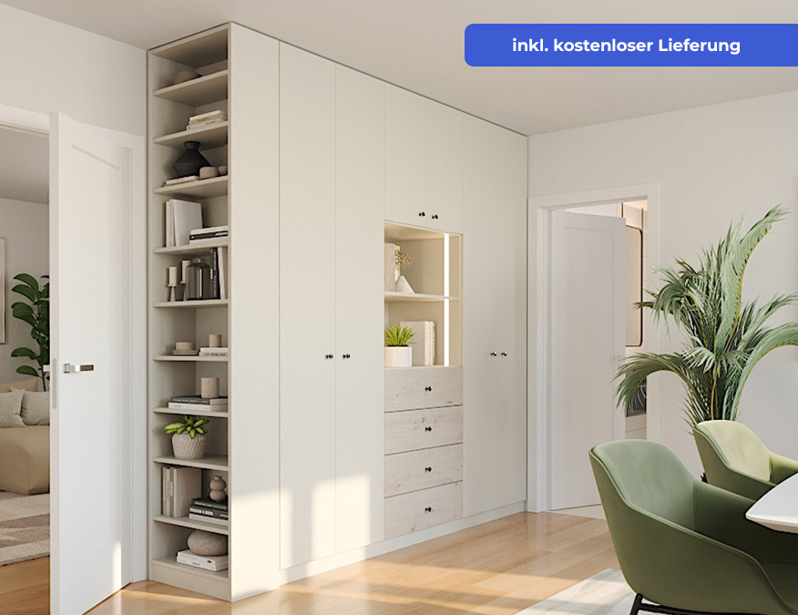 Milieubild einer großen Büroschranks. Auf der linken Seite ein offenes Regal an der Stirnseite des Schranks. Mittig des Schranks ein offenes Regal mit zwei Böden und Beleuchtung