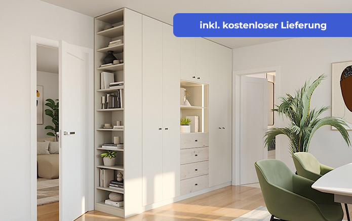 Milieubild einer großen Büroschranks. Auf der linken Seite ein offenes Regal an der Stirnseite des Schranks. Mittig des Schranks ein offenes Regal mit zwei Böden und Beleuchtung