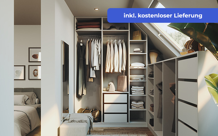 Milieubild eines Kleiderschranks mit Schräge rechts im Dekor Weiß in einem Schlafzimmer mit Dachschräge rechts.