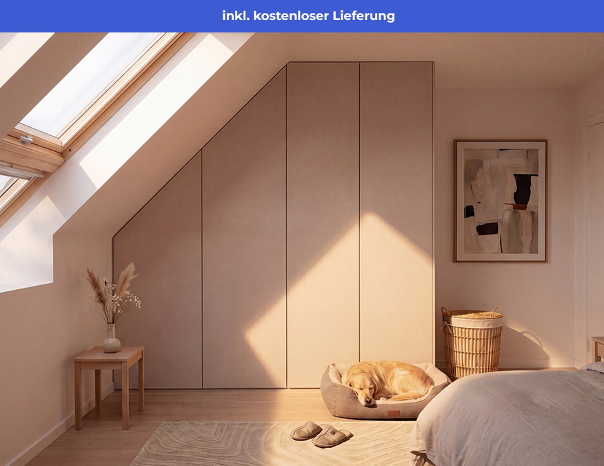 Milieubild eines Dachschrägenschranks links im Dekor Sandbeige in einem hellen Dachgeschoss mit Dachschrägenfenster links und weitere Einrichtung auf der rechten Seite
