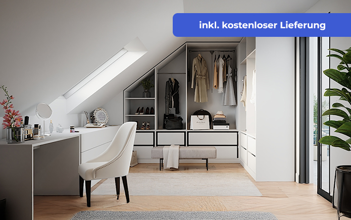 Aktionsbanner - Schaffe Ordnung und Platz 20% Rabatt auf alle Planungen. Bild strukturierter Ankleideschrank mit Schräge links und Eckelement