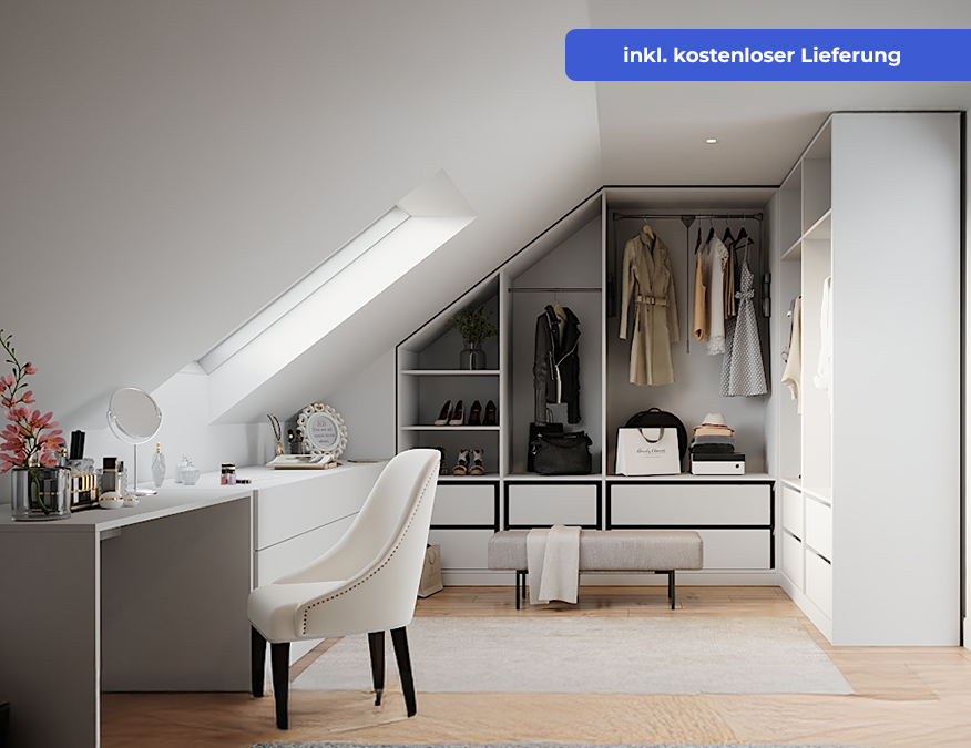 Aktionsbanner - Schaffe Ordnung und Platz 20% Rabatt auf alle Planungen. Bild strukturierter Ankleideschrank mit Schräge links und Eckelement