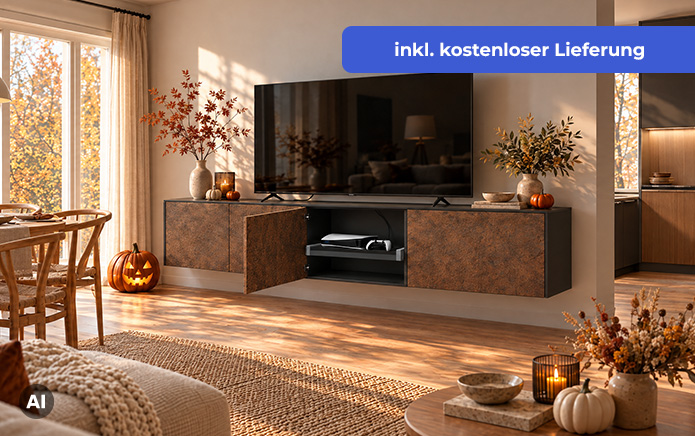 Milieubild eines TV-Hängeboards. Dargestellt im Korpus-Dekor Graphit Supermatt und Front-Dekor "Stardust" (Rost-Optik). Das rechte, mittlere Element ist geöffnet und zeigt einen Tablarboden mit einer Spielekonsole. In Szene gesetzt in einem offenen Wohnzimmer mit herbstlicher Lichtstimmung und passender Dekoration wie bspw. Kürbissen und farbenfrohen Trockenpflanzen. Auf dem TV-Hängeboard steht ein großer Fernseher. Rechts im Hintergrund ist eine Küche im passenden Stil angedeudet.