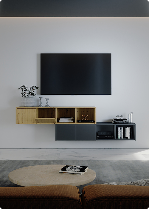 Hängeboard im Holz-Dekor und Graphit unter dem TV im Wohnzimmer 