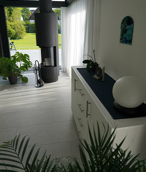 Sideboard im weißen Dekor im Wohnzimmer