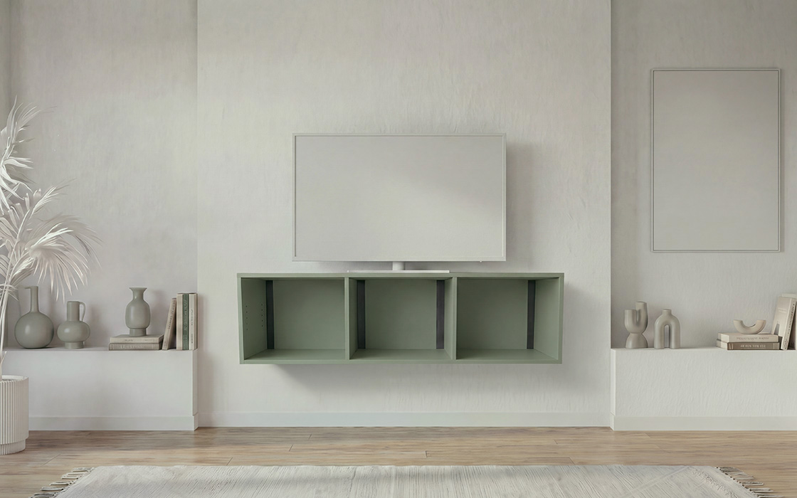 Modernes, hängendes TV-Board mit Designrahmen frei konfigurierbar