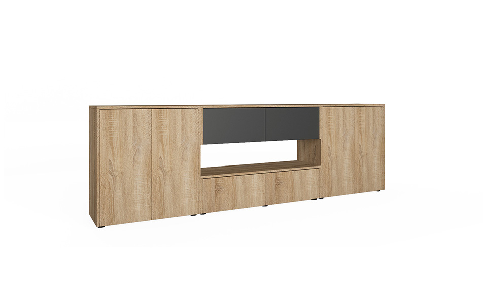 TV Board Max im Dekor Sonoma Eiche mit Graphit-Akzenten. Mittig großzügiges, offenes Fach. Seitlich schräge Ansicht.